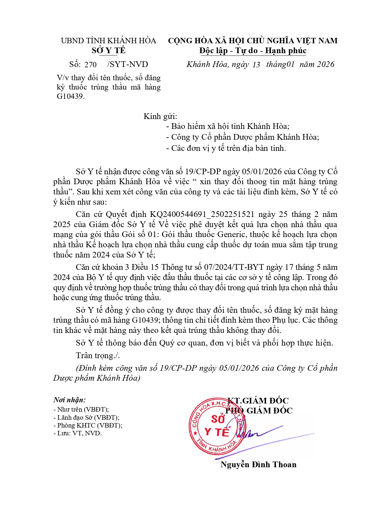 V/v thay đổi tên thuốc, số đăng ký thuốc trúng thầu mã hàng G10439.